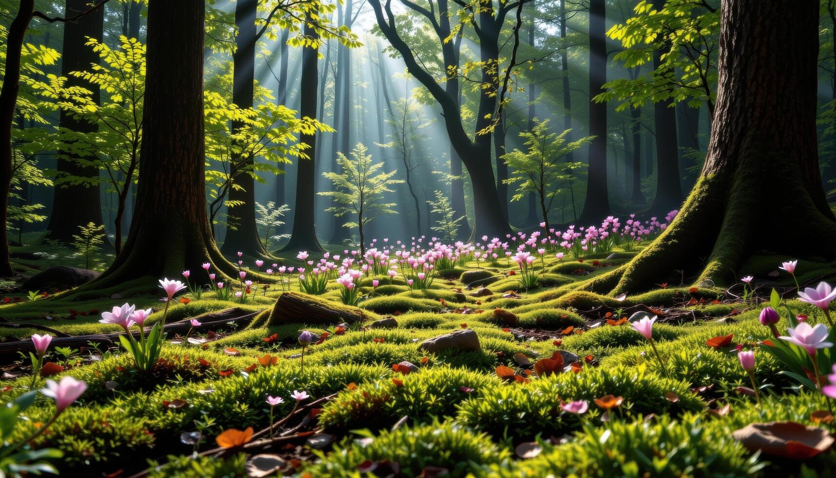 Forest floor alive with moss textures and blooming flowers beneath towering trees casting long lines of shade. photo