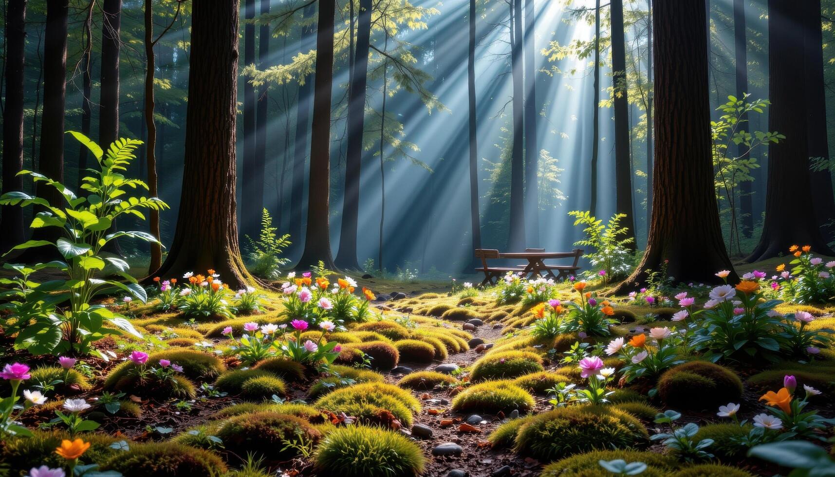 A serene moss and flower lined forest floor sits beneath towering trees illuminated by thin drifting sunlight. photo