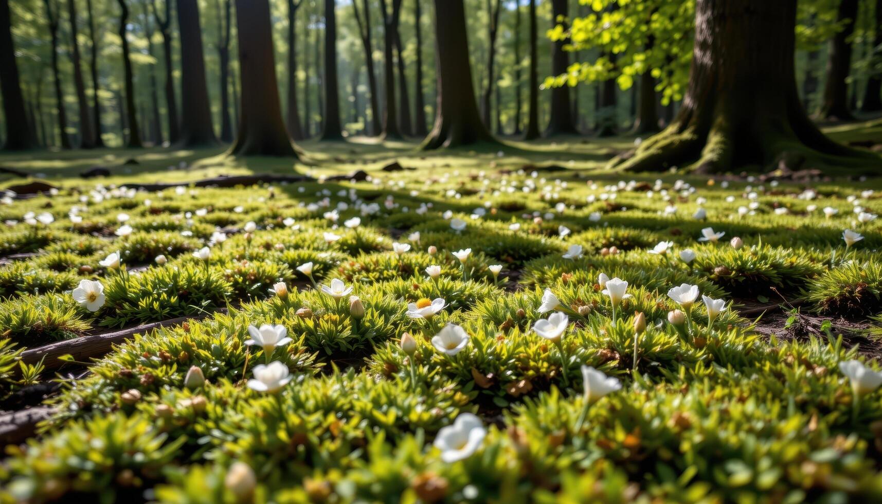 Moss surrounds scattered flowers on a calm forest floor under high trees weaving soft patterns of shadow. photo