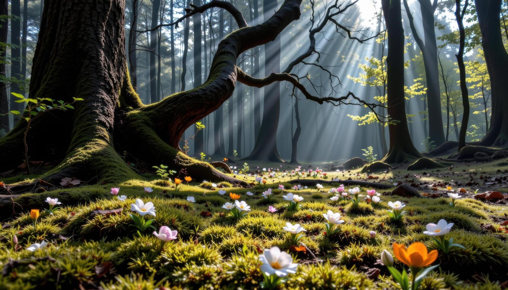 Soft moss and tiny blooms cover the forest floor under ancient trees with light filtering through their branches. photo