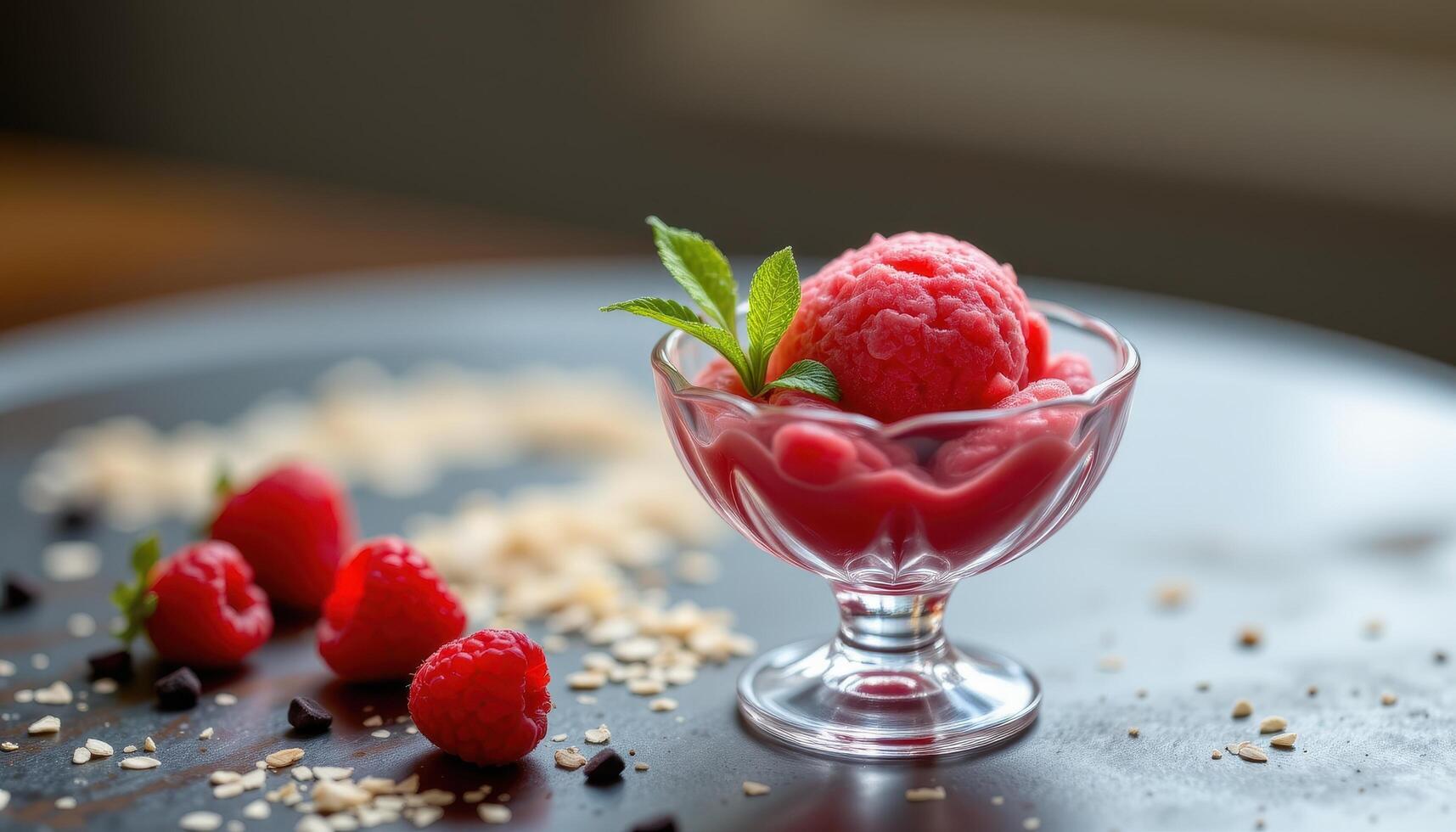 Raspberry sorbet in a tiny crystal bowl, abstract light. photo