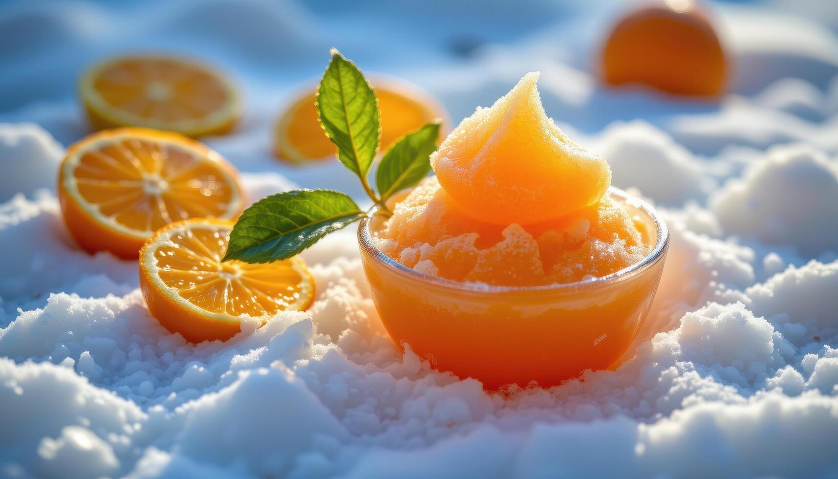Ginger lime sorbet glowing brightly among frost patterns with sharp citrus gradients. photo
