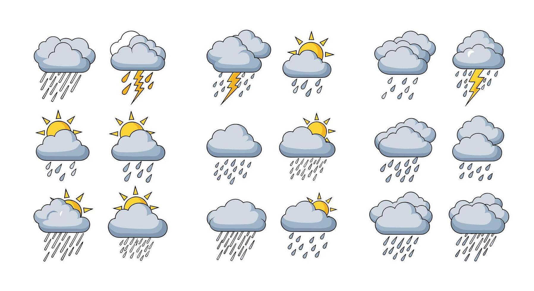 A collection of various cartoon weather forecast icons showing conditions like rain sun clouds and thunderstorms in a pixel art style. vector