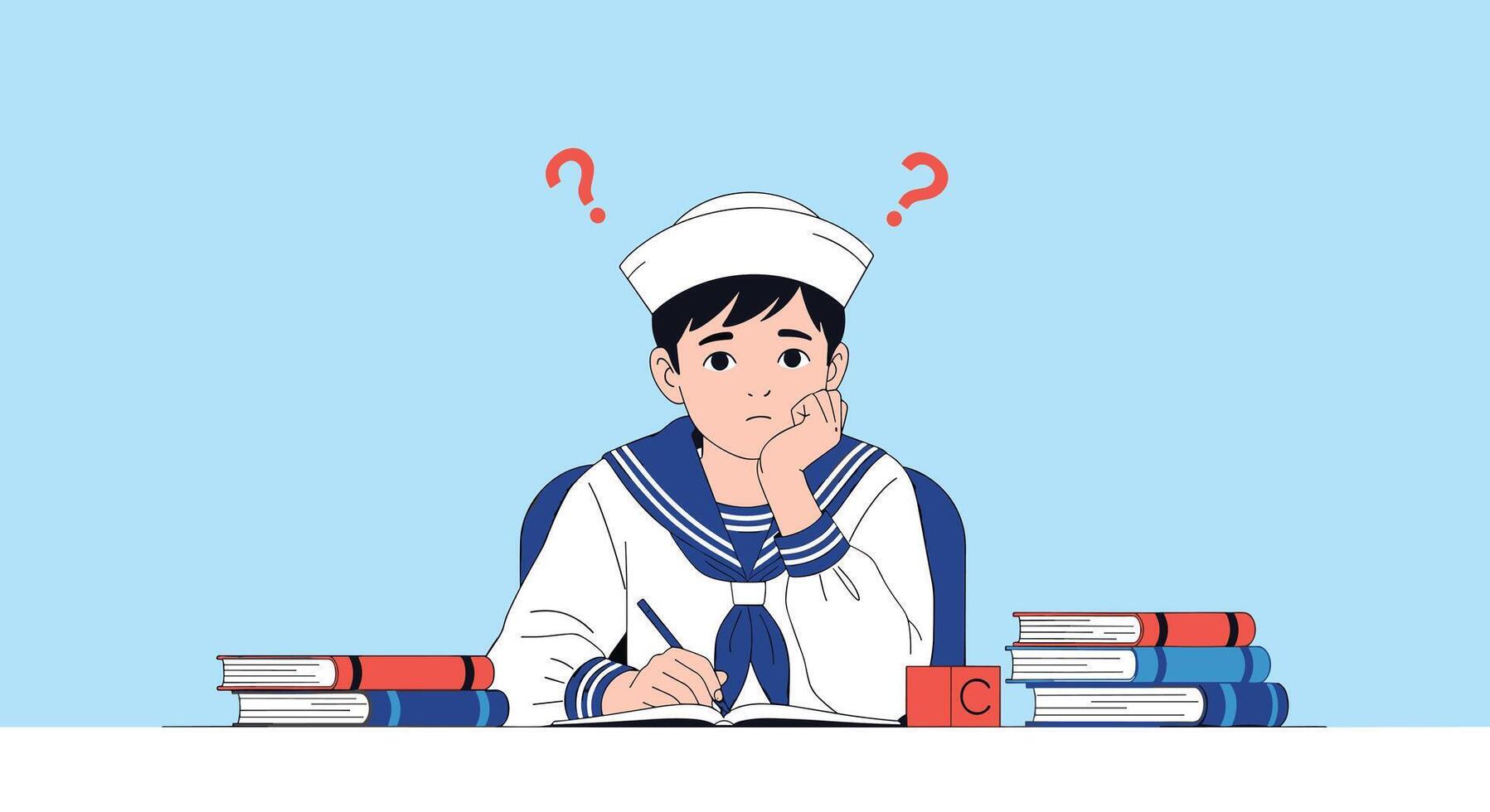 A confused young student in a sailor uniform scratches his head with question marks above him while studying with many books. vector