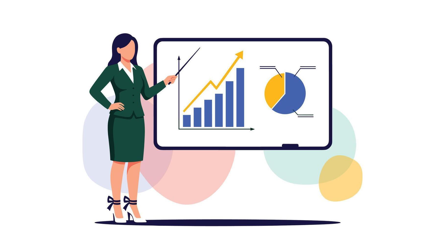 A professional businesswoman in a green suit gives a presentation pointing to a whiteboard with a rising bar graph and a pie chart. vector