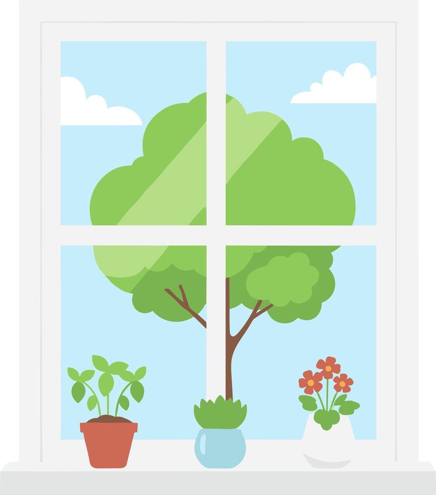 View of a green tree and potted plants through a window. vector