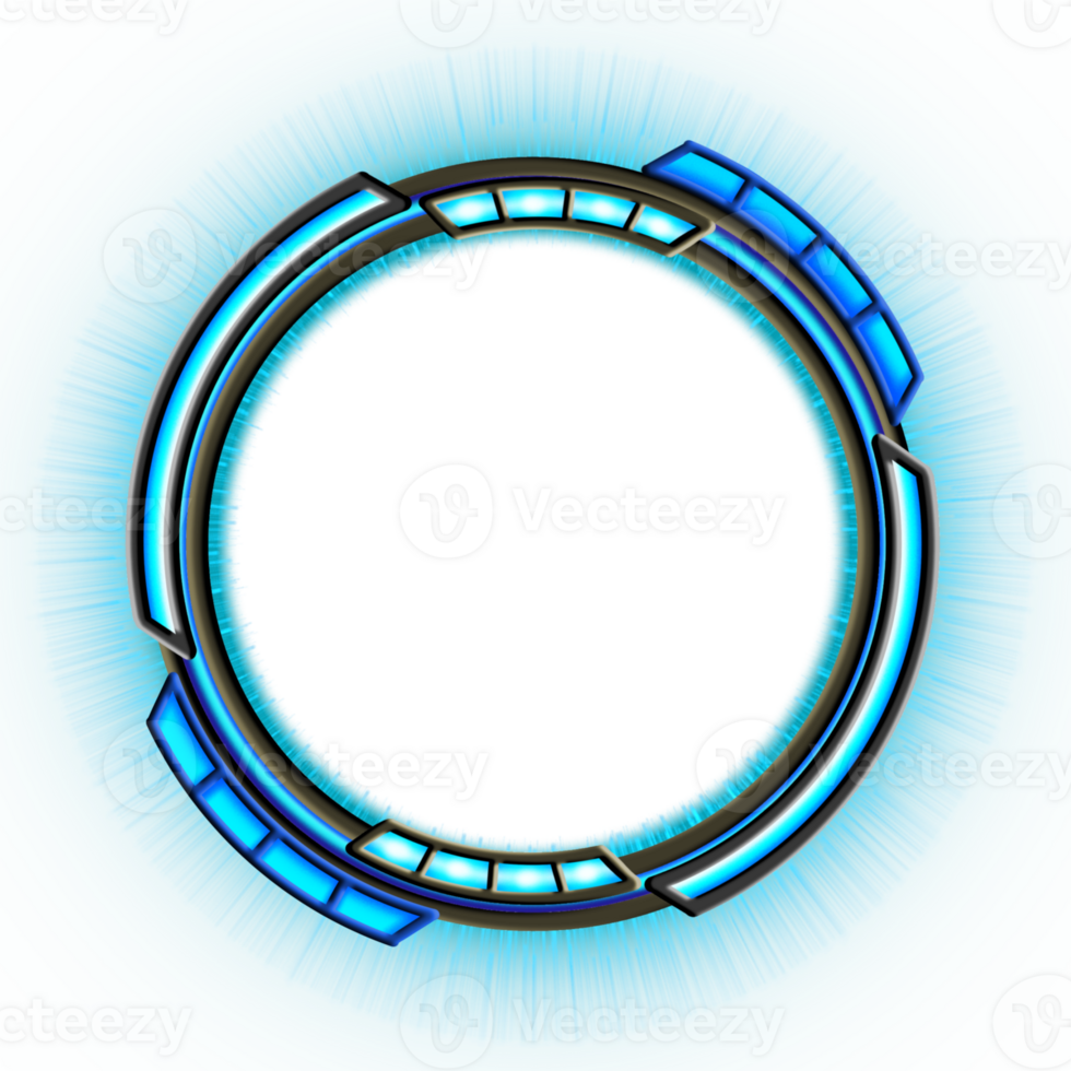 A circular frame with cutting-edge technology, sci-fi style, glowing in neon blue, AI technology and power circuit boards. png