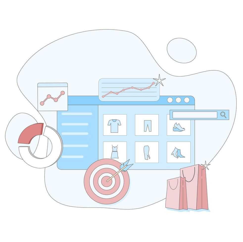 A graphic of a shopping cart with a target and a graph vector