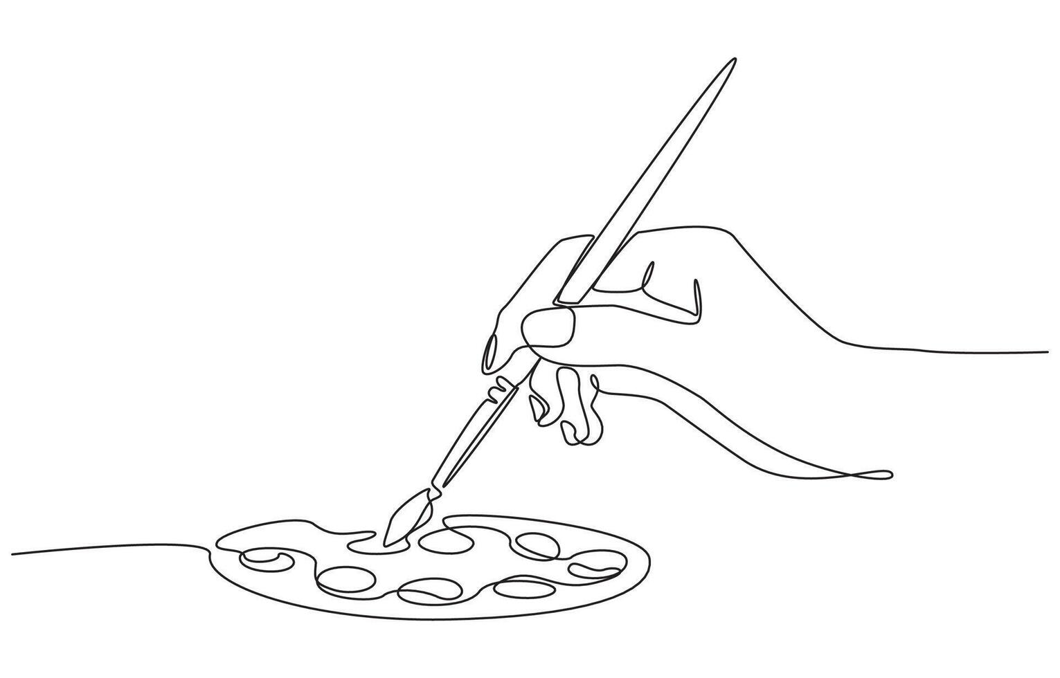 Continuous one line drawing of hand holding paintbrush while mixing colors on palette, single line art. vector