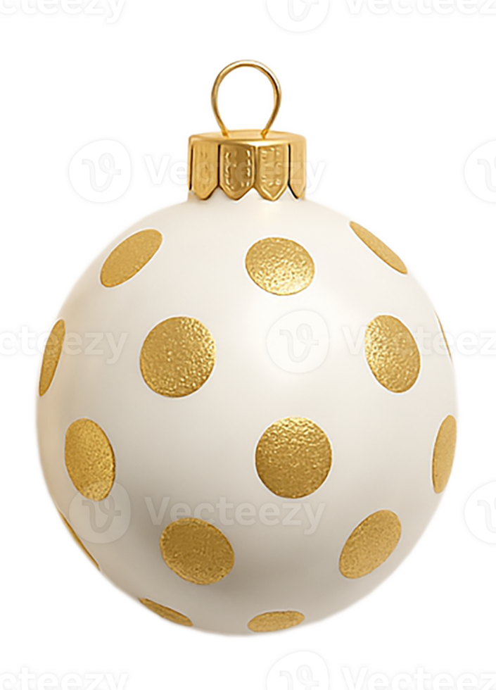 Festive white Christmas ornament adorned with scattered gold polka dots. It features a decorative gold cap and hanging loop, adding a touch of elegance, cheer. Isolated on transparent background. png