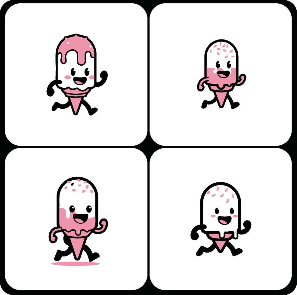 Collection of four adorable running ice cream cone mascots with sprinkles, a cartoon character design set in a cute kawaii style vector