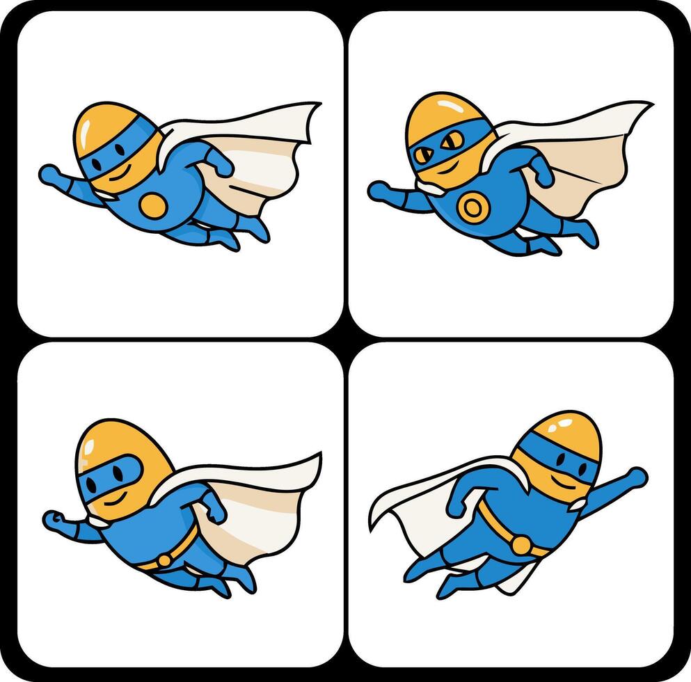 Set of four cartoon superhero robot characters in various dynamic flying poses for mascot or design elements vector