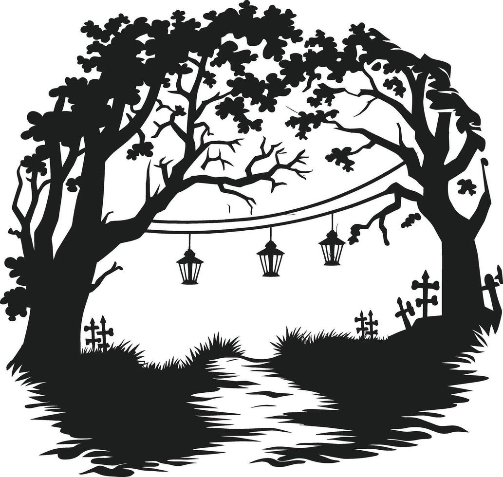 Silhouette of Spooky Forest Path with Lanterns and Graveyard vector