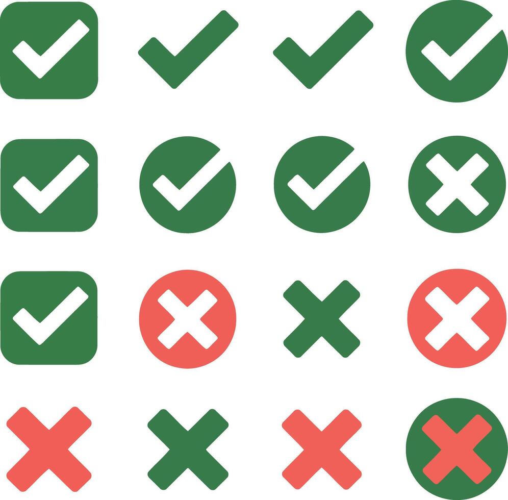 Collection of green checkmarks and red crosses in various shapes vector