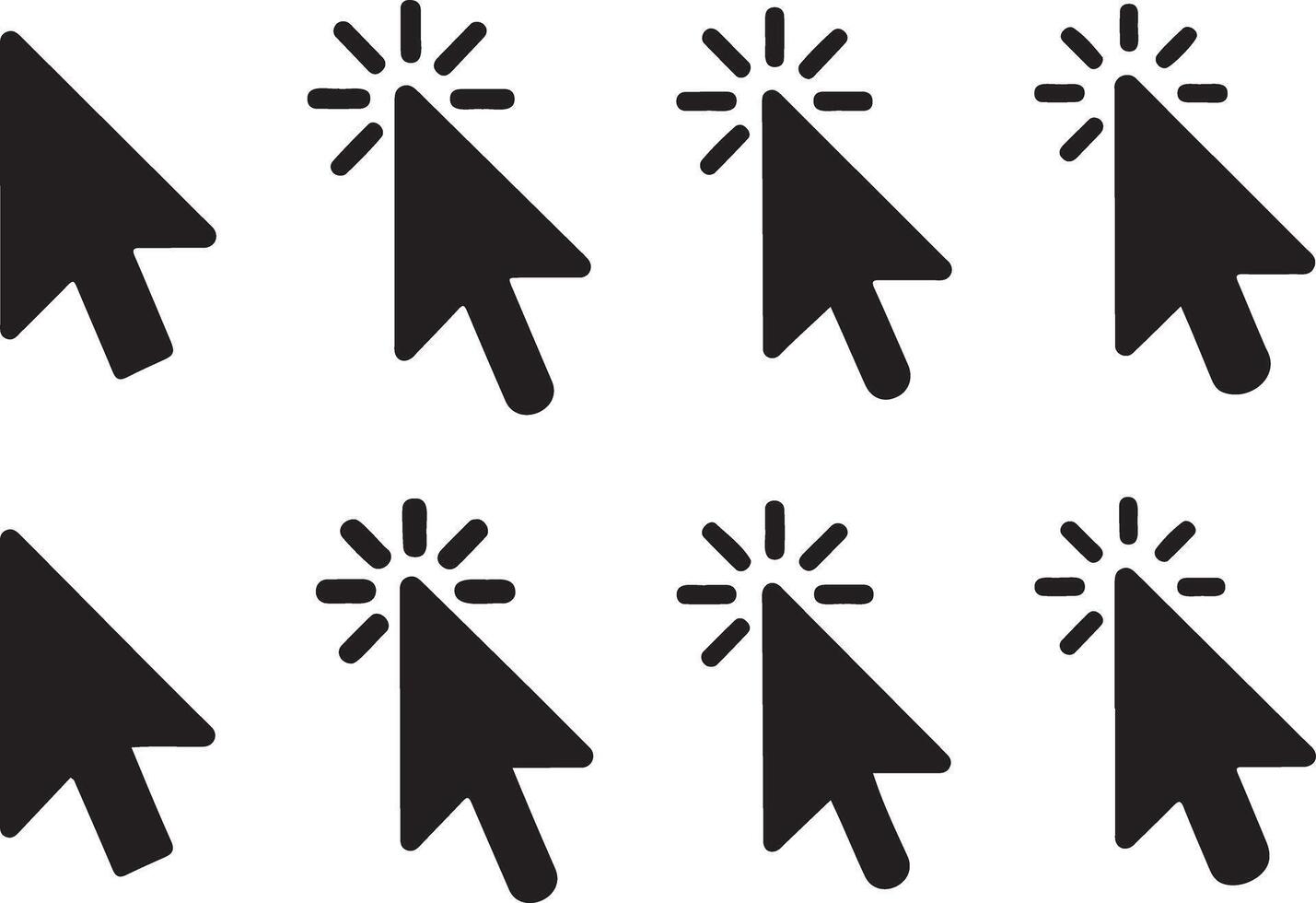 Multiple black computer mouse cursors showing click action vector