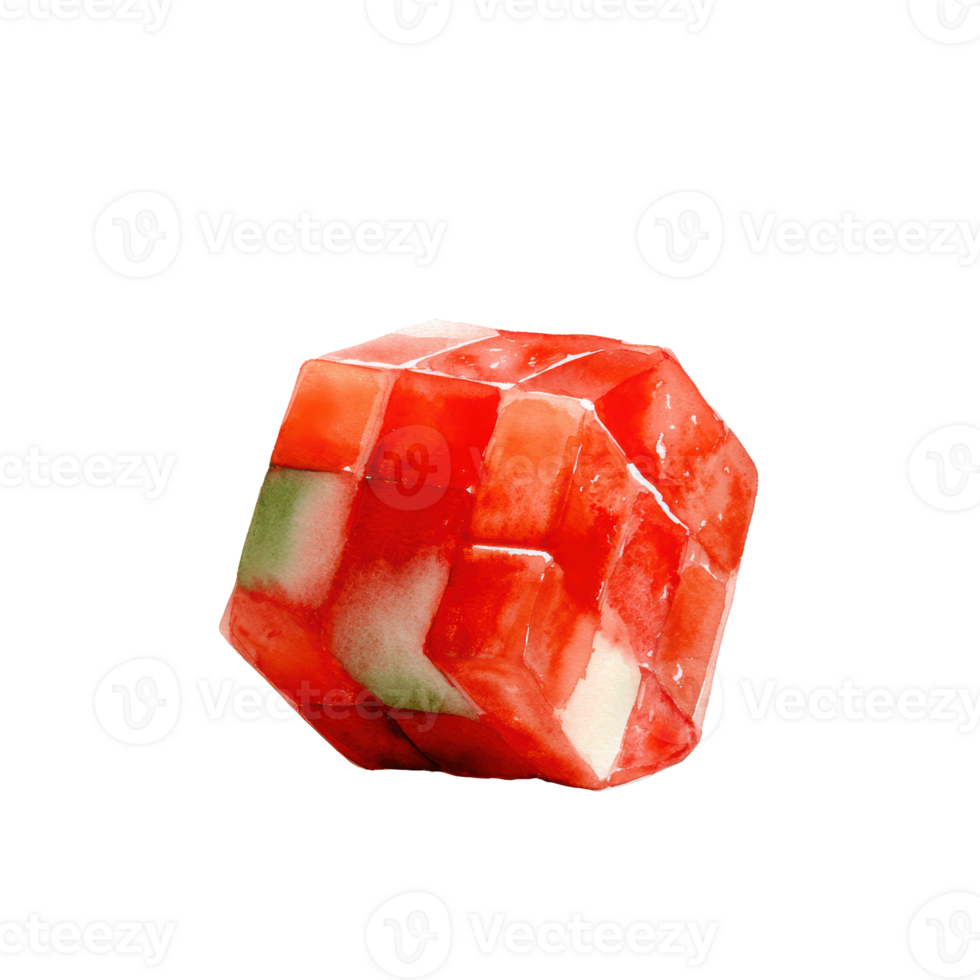 Watercolor geometric red polyhedral object with translucent texture and subtle green and white inclusions, isolated on transparent background png