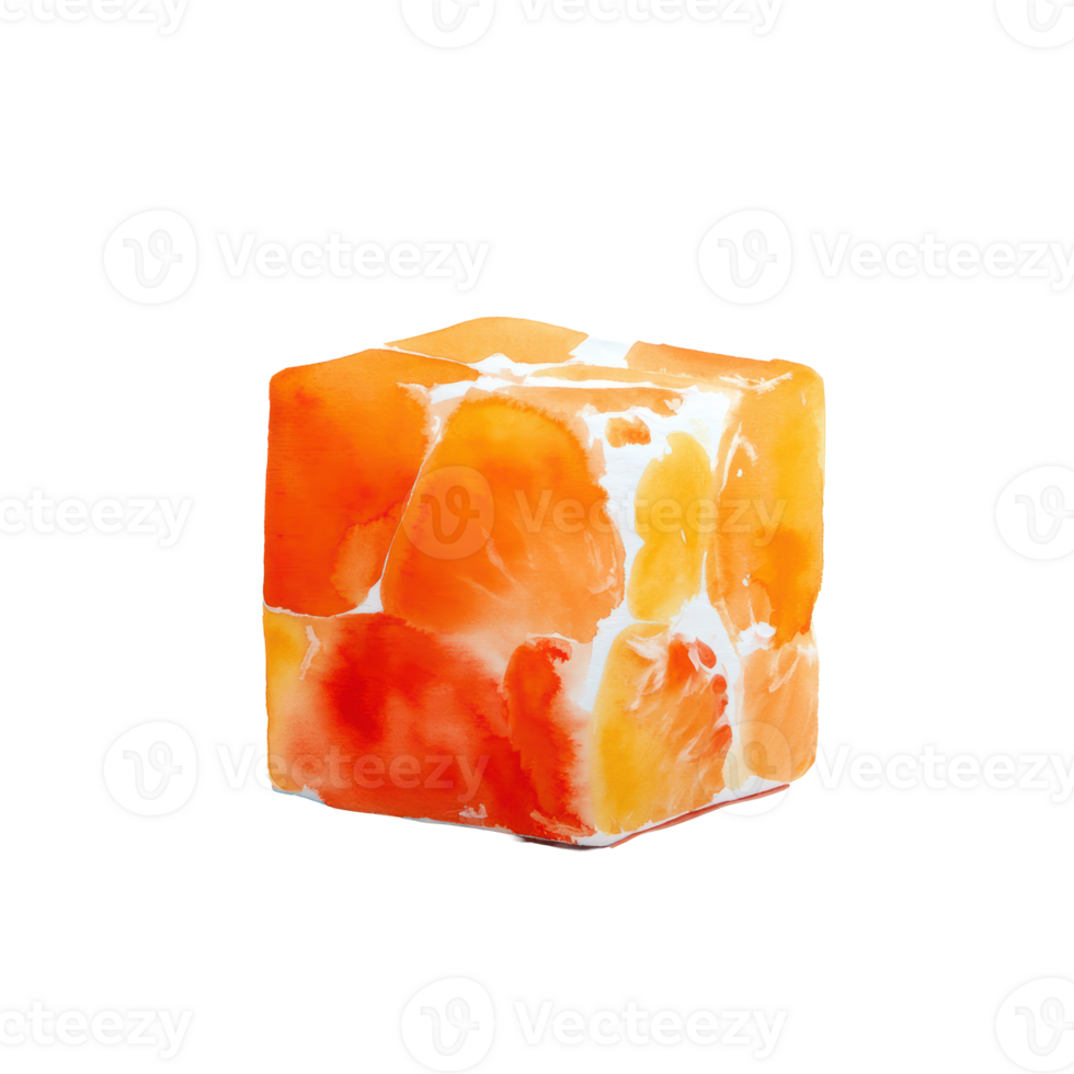 Watercolor vibrant abstract cube featuring a striking blend of orange and white textures, creating a unique visual element, isolated on transparent background png