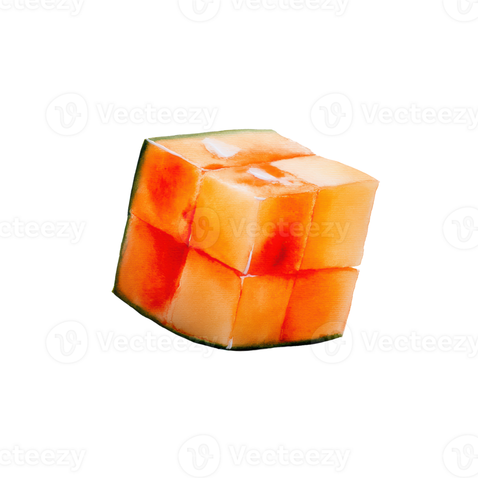 Watercolor abstract orange and red cube with a unique texture, resembling a puzzle or fruit block, isolated on transparent background png