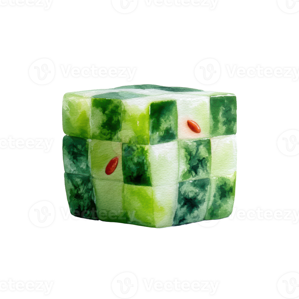 Watercolor artistic watermelon cube arranged in a checkerboard pattern with visible red seeds, isolated on transparent background png