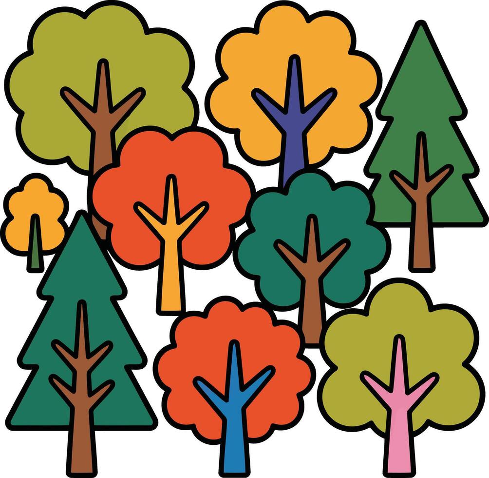 A colorful cartoon collection of various trees in different shapes and sizes vector