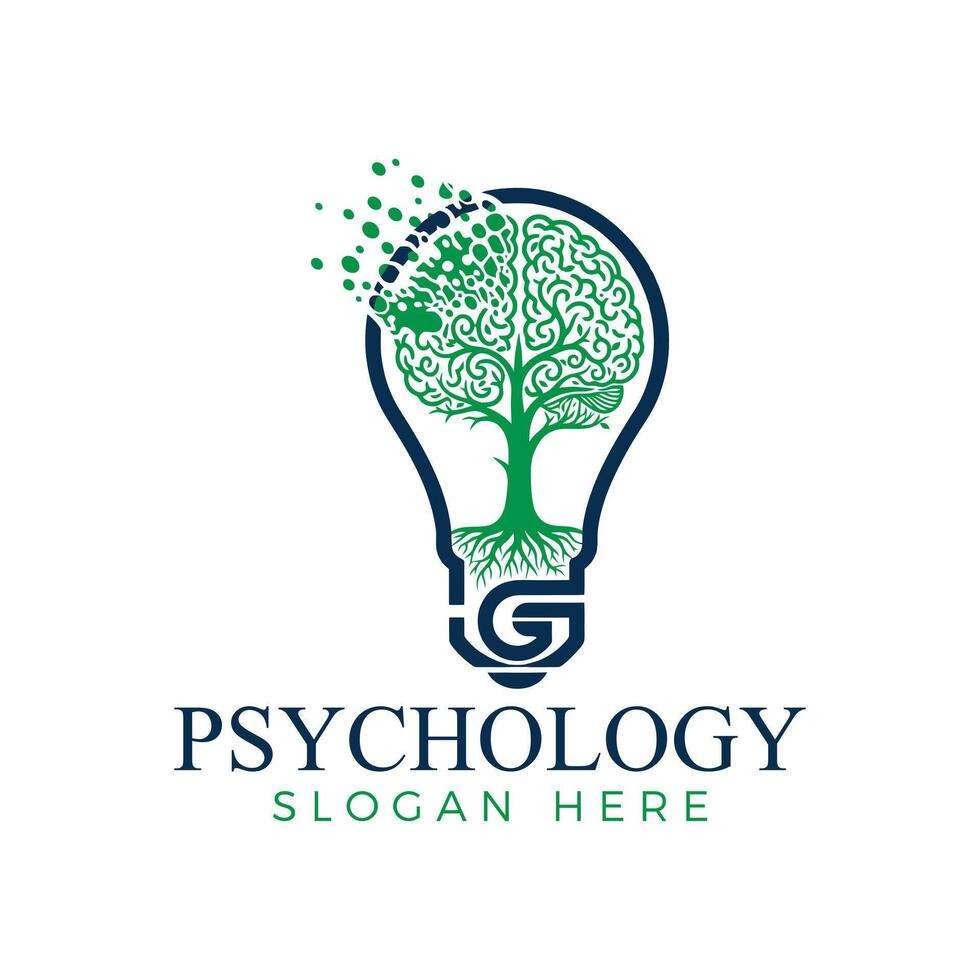 Psychology logo with a brain tree inside a light bulb isolated on white background, representing mental health and cognitive function vector