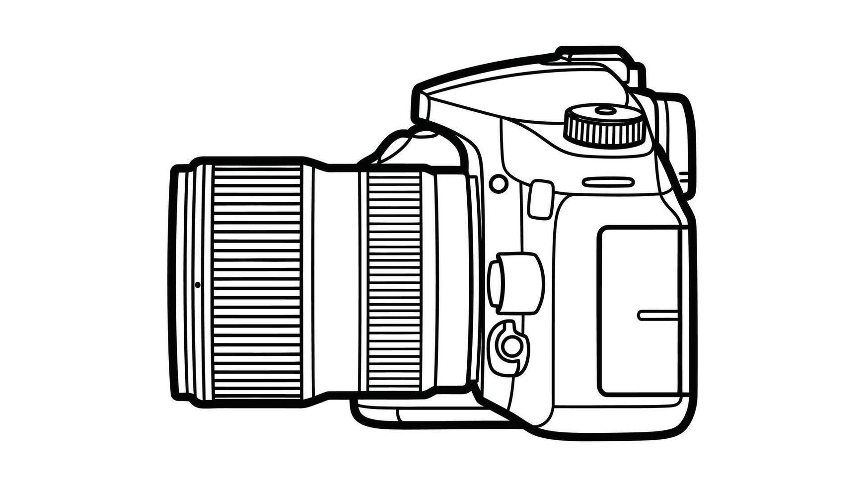 Detailed line drawing of a digital slr camera with lens in profile view vector