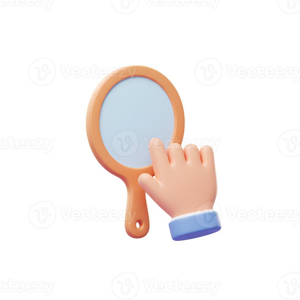 Exploring self-image A vibrant 3D rendered hand cursor interacts with a compact handheld mirror, symbolizing concepts of personal reflection, digital beauty apps, and self-assessment online png