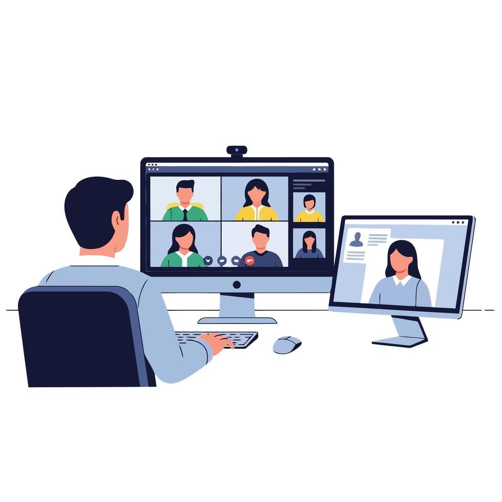 Modern remote work with virtual team collaboration and online conference call vector