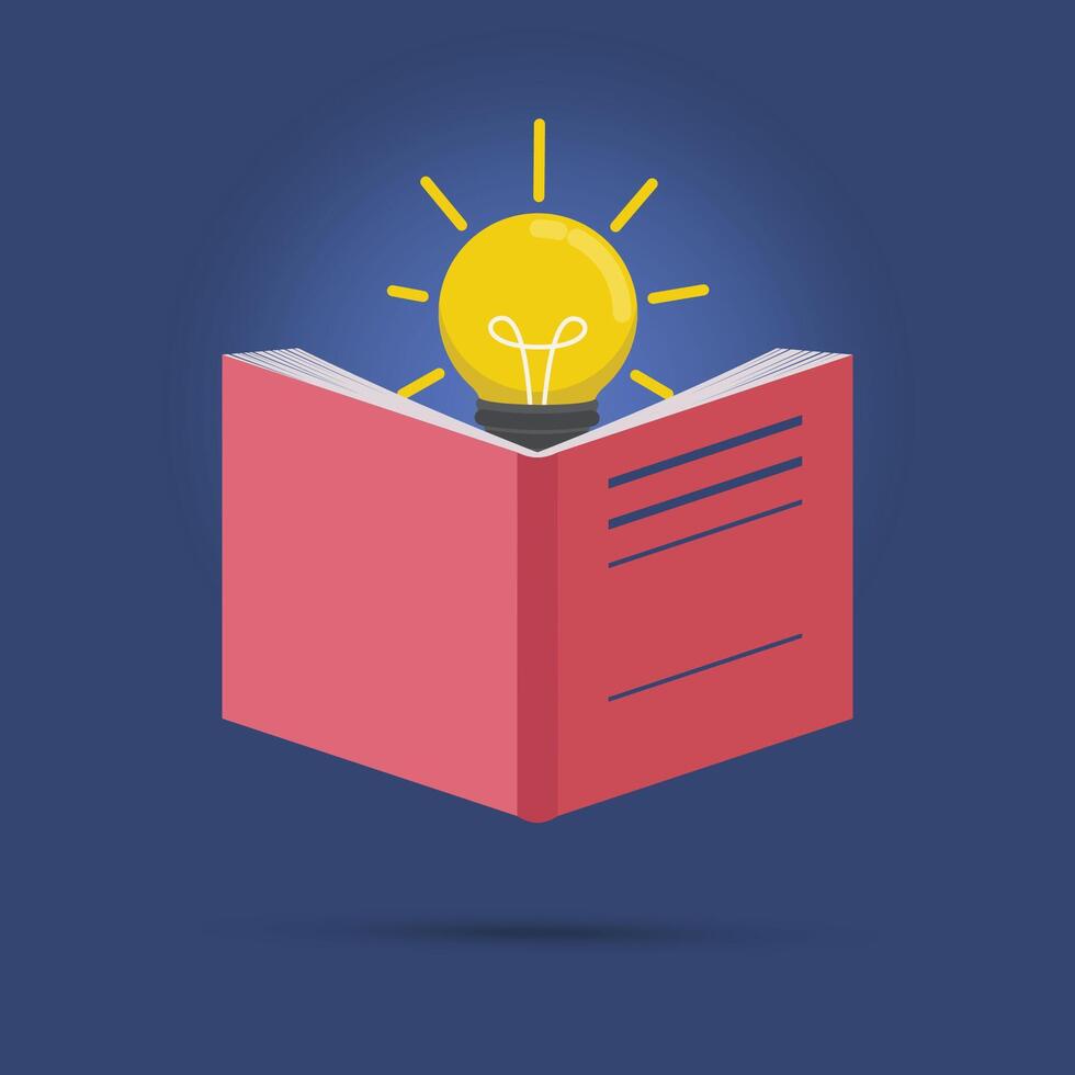 A creative illustration of an open book with a glowing light bulb emerging from its pages, symbolizing knowledge, learning, creativity, and inspiration vector