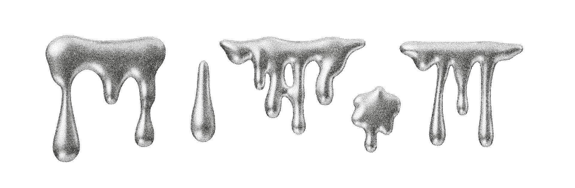 Drip liquid melt texture with grain, noise and stipple shading. Abstract drip and liquid border with halftone gradient and retro grunge style. Liquid melt splash graphic element isolated vector
