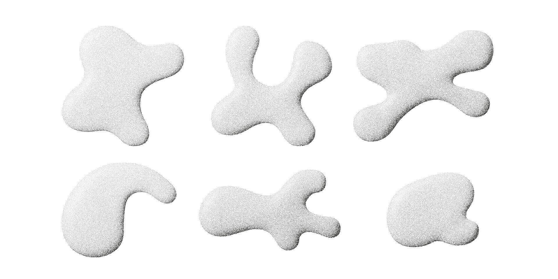 White grainy splash shapes with subtle dot texture and soft gradient shading. Abstract liquid splat elements with dust, spray, and halftone effect, isolated on clean background vector