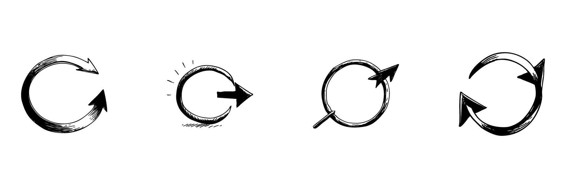 Circular Arrow Icons Doodle Sketch Set. Refresh, Reload, And Synchronization Symbols In Hand Drawn Style Collection. Illustration For User Interface And Design Elements vector