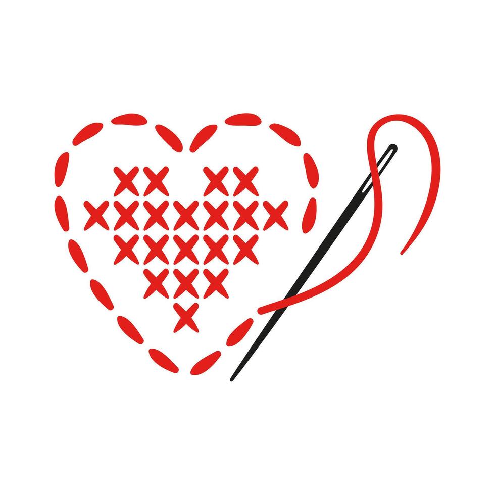 Cozy doodle a heart-shaped cross-stitch motif, needle and thread weaving tiny stitches, cheerful gridlines, warm colorful tones, handmade texture, charmingly quaint and playful. vector