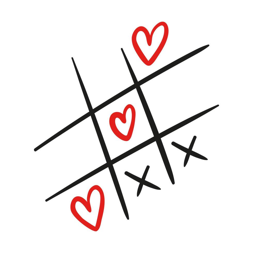 Tiny doodle tic-tac-toe grid where circles become hearts, playful linework, whimsical shapes, subtle shading, charming and romantic vibe. vector