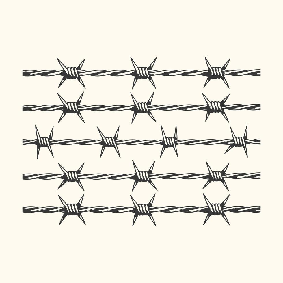 Four Rows of Barbed Wire with Sharp Spikes on a Light Background fence security vector