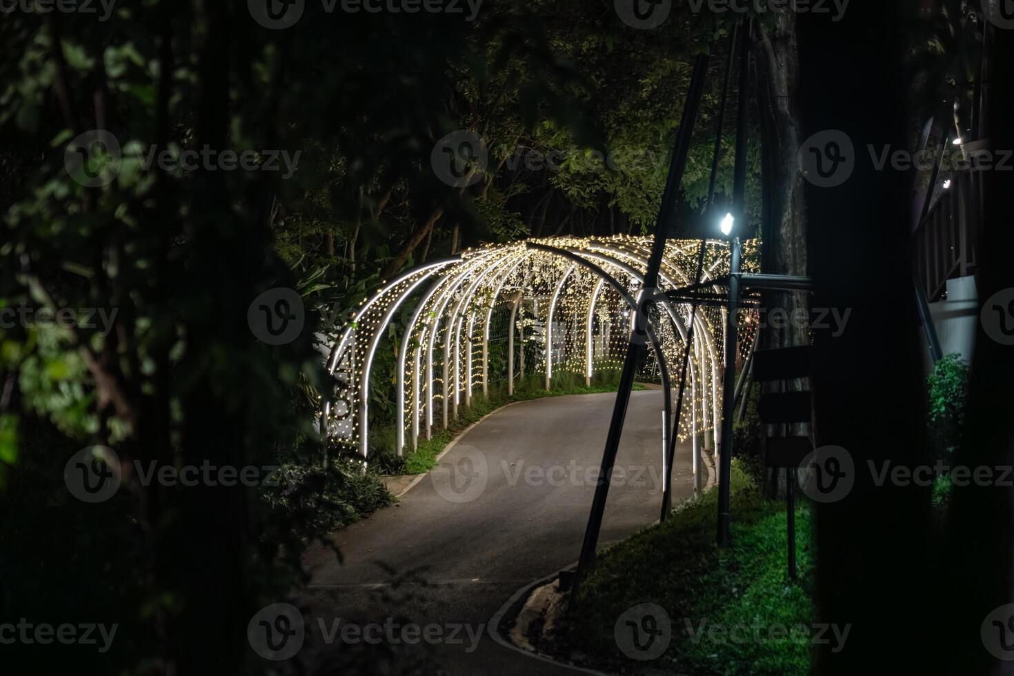Curved white beams form an illuminated tunnel accented with hanging lights, and the structural lines create a clean pattern against the dark background.d photo