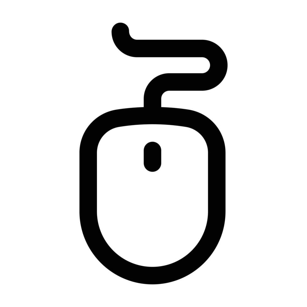 Computer mouse line art with smooth curved stroke and cable detail. Ideal for navigation UI, workstation mockups, and computing themes. vector