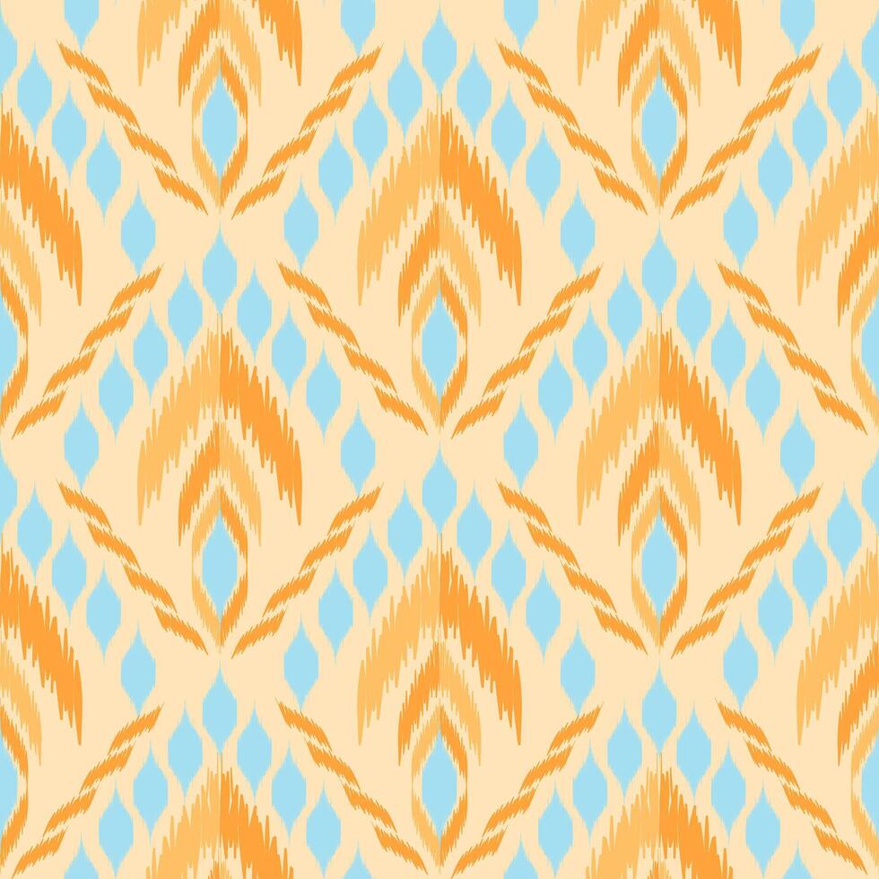 Ikat seamless pattern with floral elements and ogee shapes in orange and soft blue background. Unique style for textile design. vector