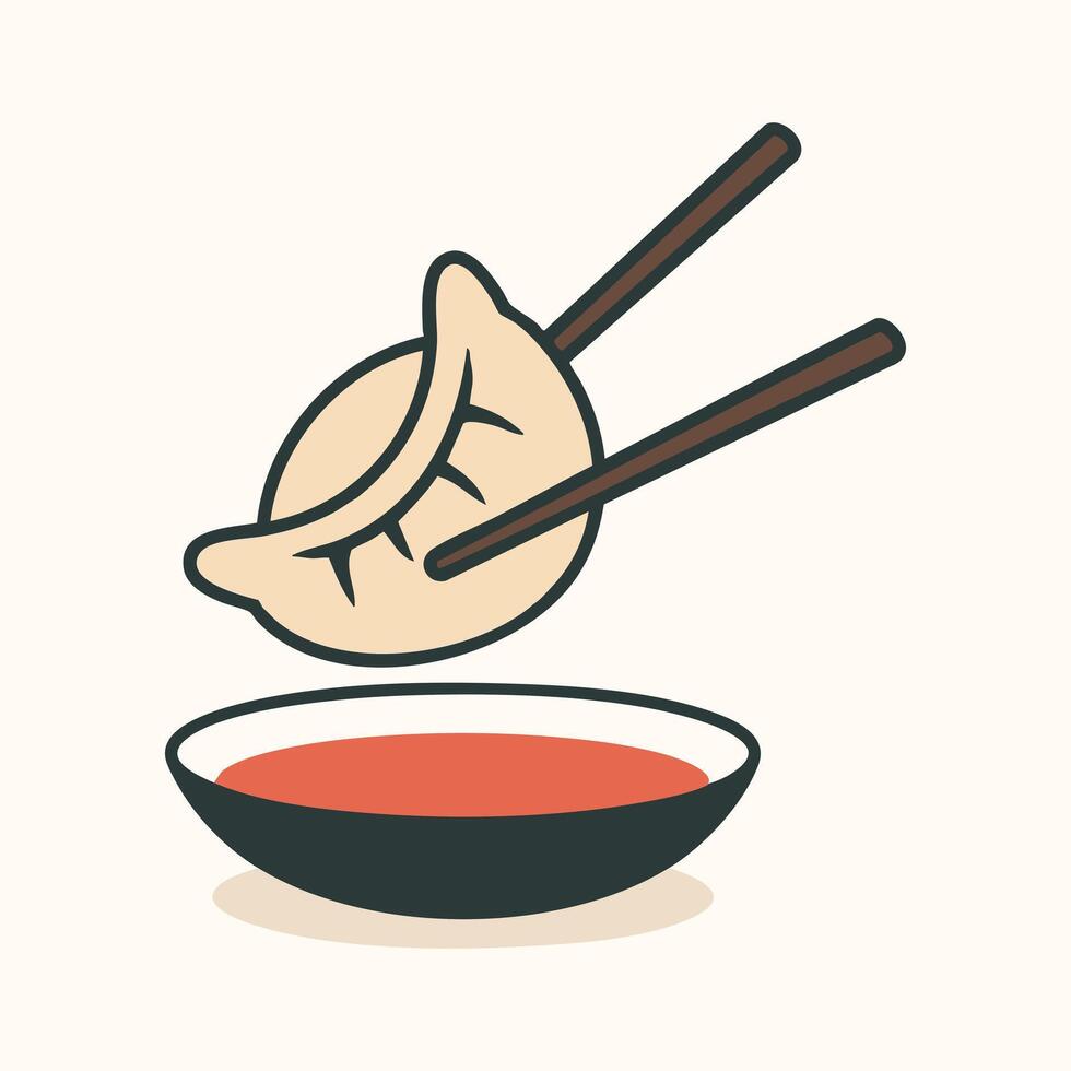 Dumpling being picked up with chopsticks, sauce below. Ideal for asian cuisine, food blogs, recipe websites, and cooking tutorials. vector