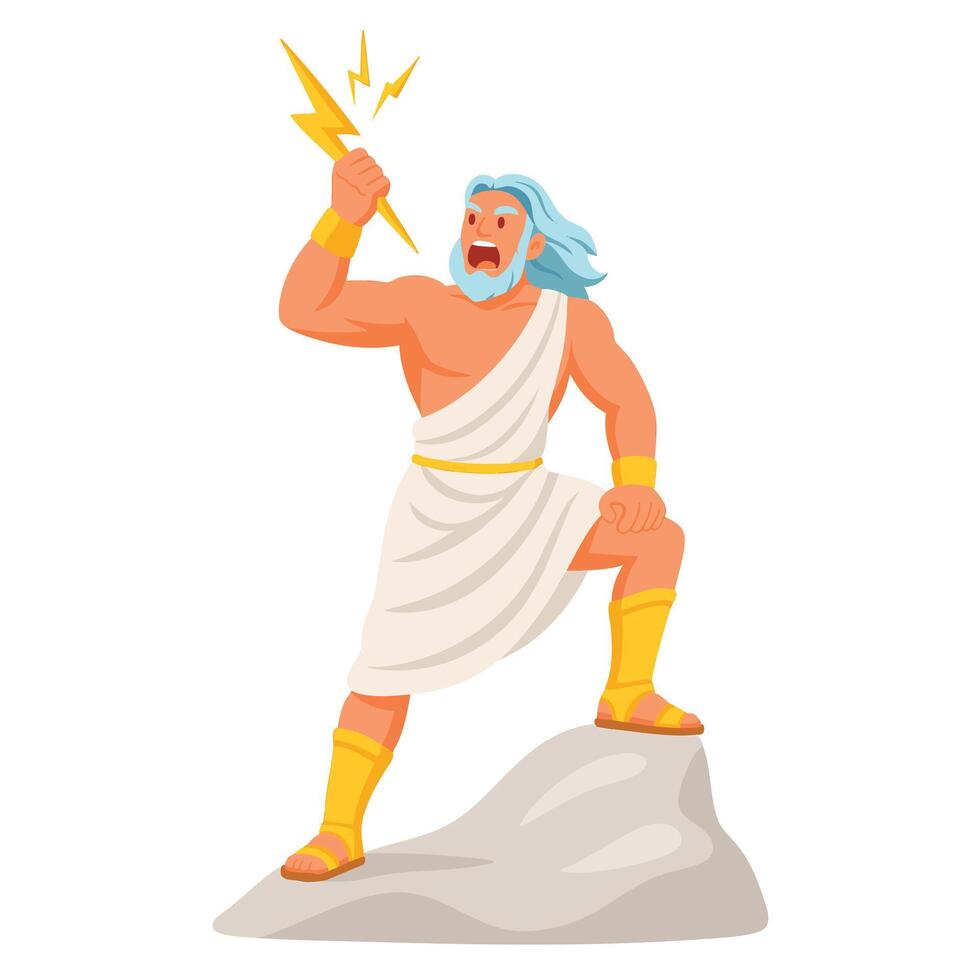 Zeus on rock with lightning bolt. Event posters, mythology books, educational presentations, power concept designs, and thunderstormrelated projects. vector
