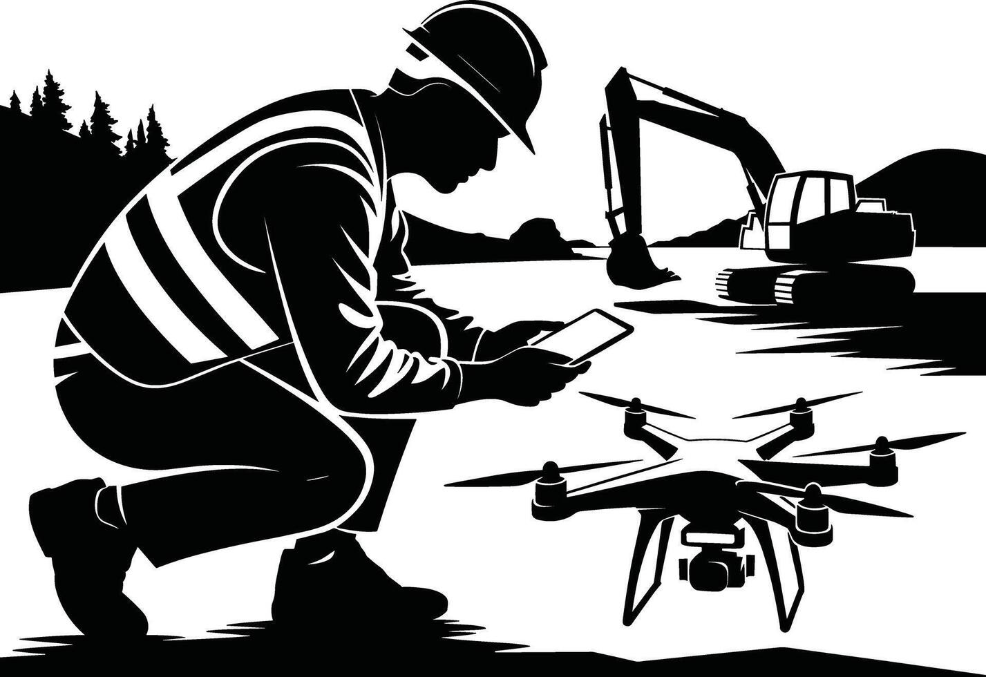 Construction worker operating drone with excavator in background tablet vector