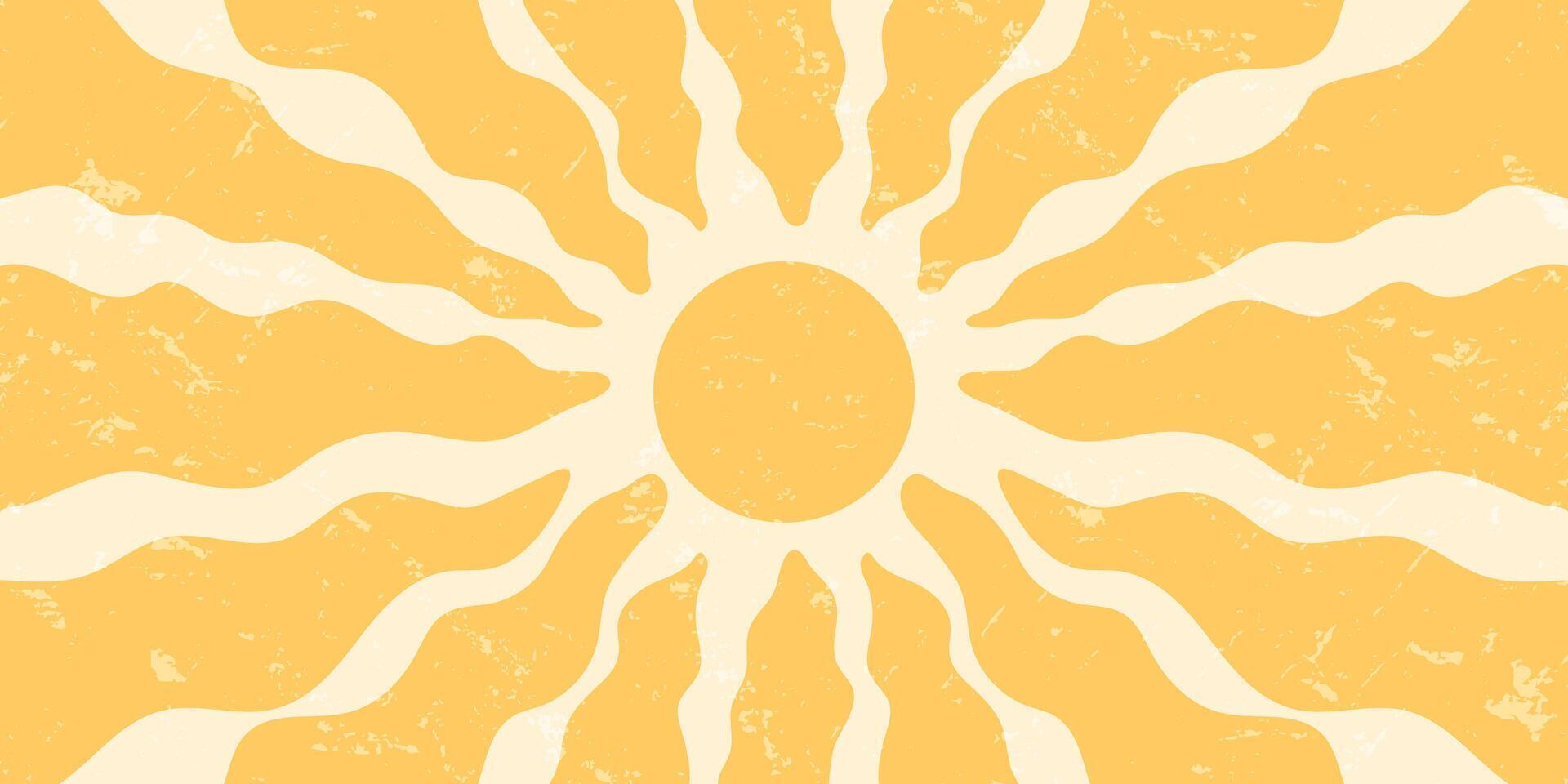 Groovy retro sun burst orange background with sunshine ray and burst sun. Yellow texture and grungy y2k style present. Horizontal format, creative abstract pattern for design or poster use. vector