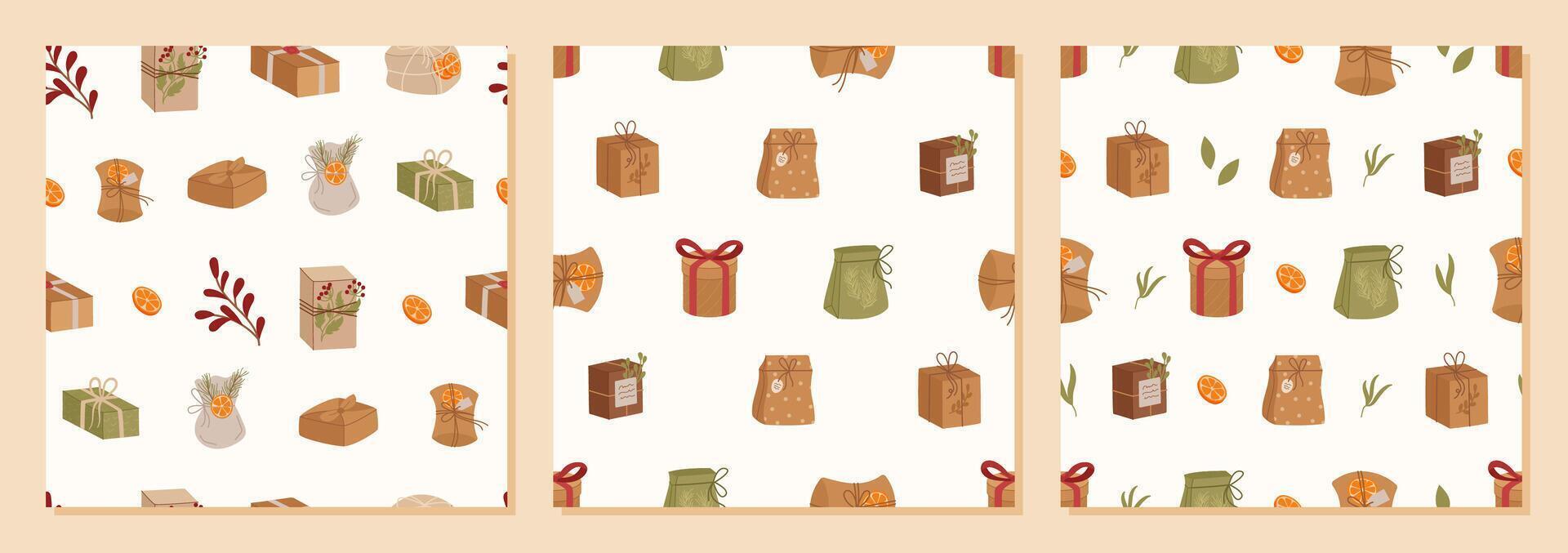 Trendy seamless kraft gift box pattern in flat graphic style set. Paper package and present form a set with ribbon. Christmas motif for modern wrapping, decor, or festive background design. vector