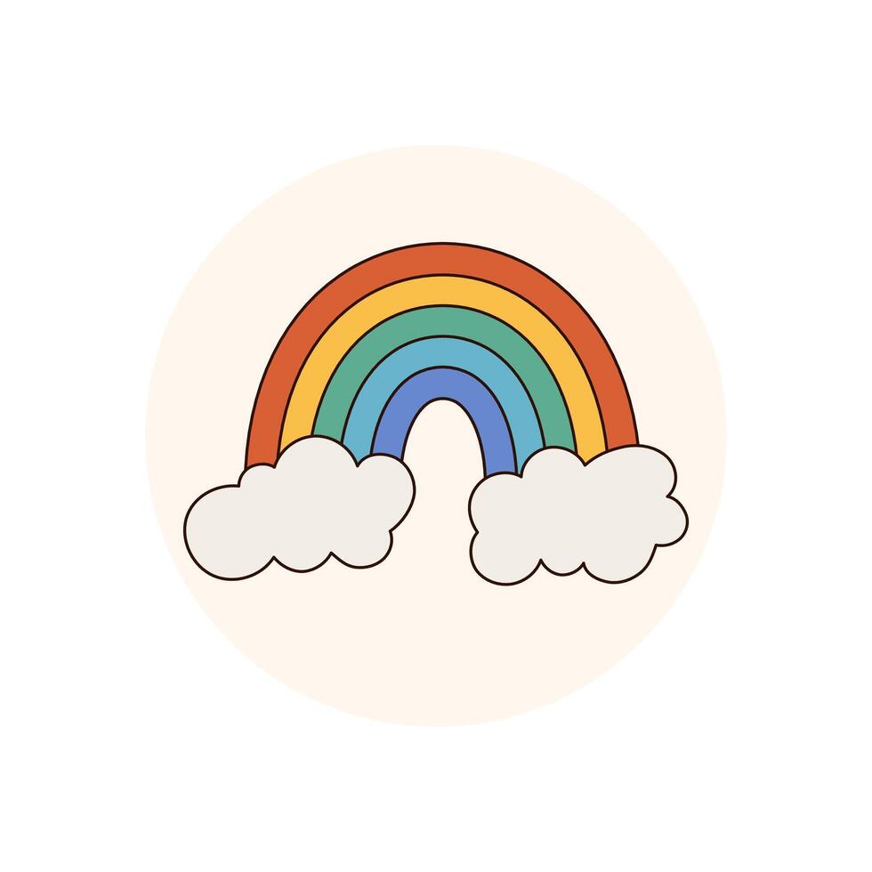 Groovy retro rainbow and cloud in a colorful patch style circle badge sticker. Sticker with playful color and y2k look. Use as package label, lid design or fun emblem for creative, modern package vector