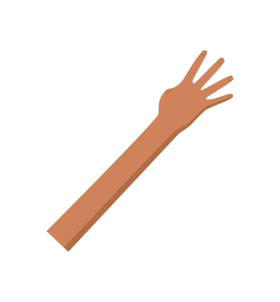 Flat style hand gesture with four raised fingers. Bare human arm with open palm, representing the number four. Counting concept, isolated design for math and body signals. vector