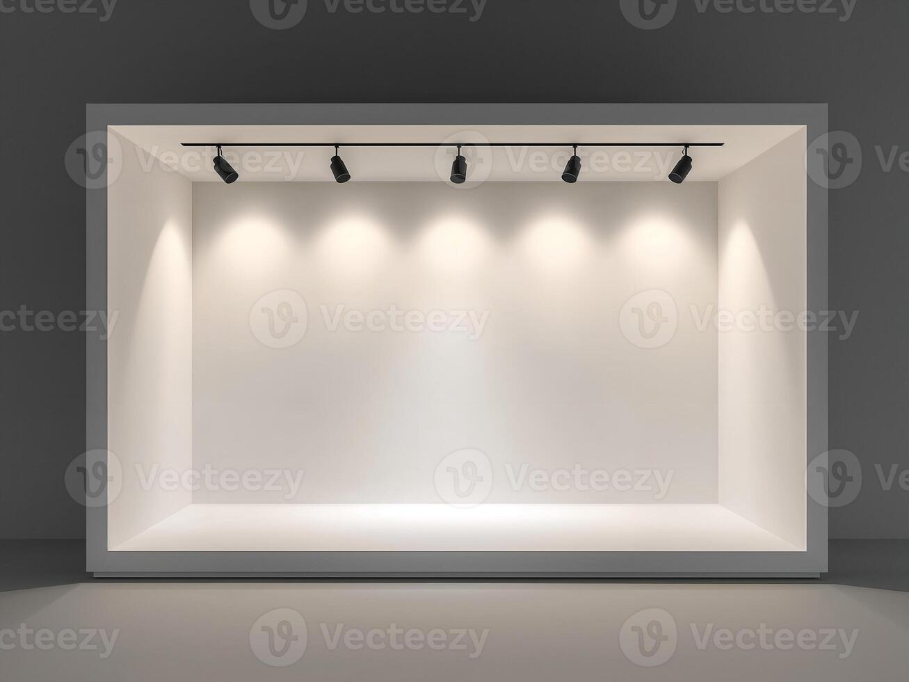 Empty white showcase mockup for product display. A blank store window or gallery niche with spotlights. photo