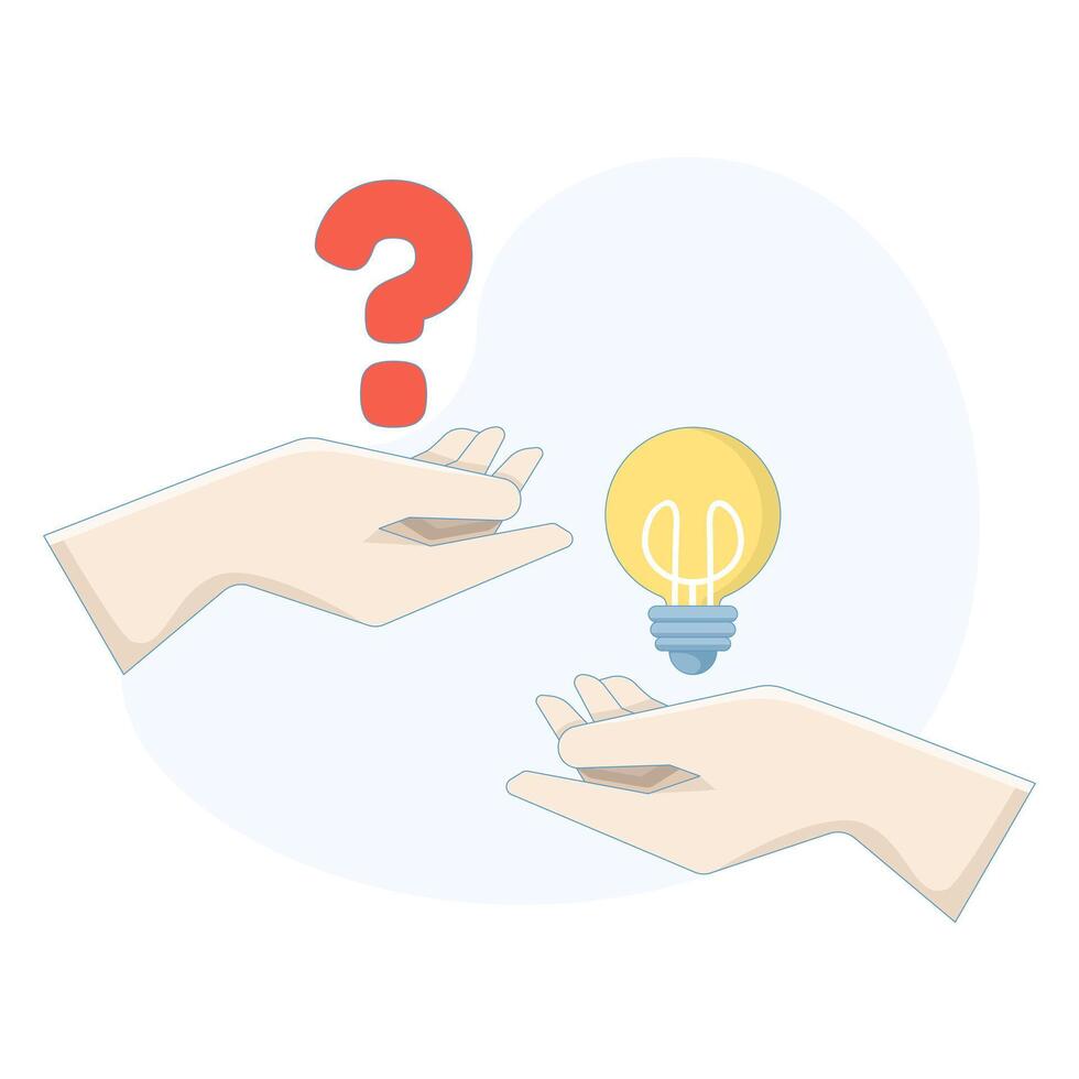 preguntas y respuestas concepto, problemas y soluciones, mano participación pregunta marca y ligero bulbo, idea y conocimiento, lluvia de ideas, problema resolviendo, ilustración. vector