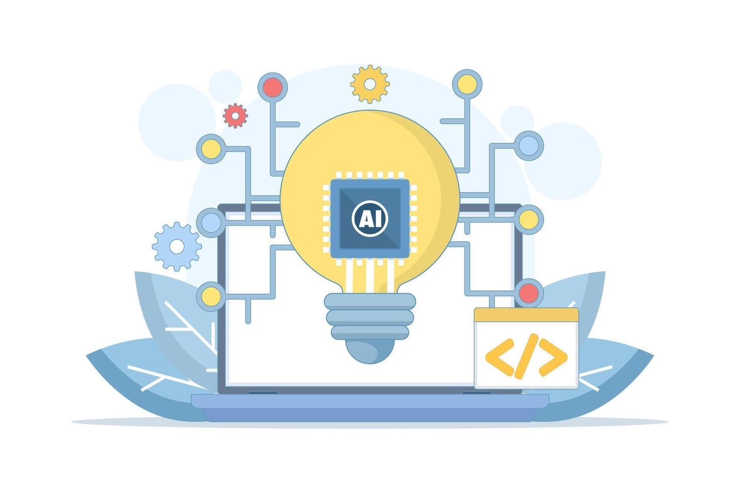 Artificial intelligence lightbulb concept, microchip and coding elements, AI innovation, development technology, smart ideas, AI powered design, modern illustration. vector