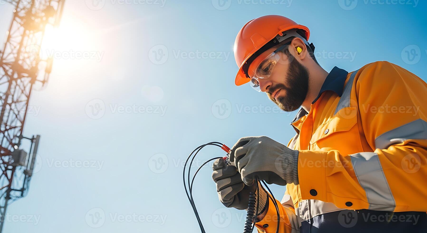 Telecom Engineer Inspecting Cell Tower Cables Technician Network Technology photo