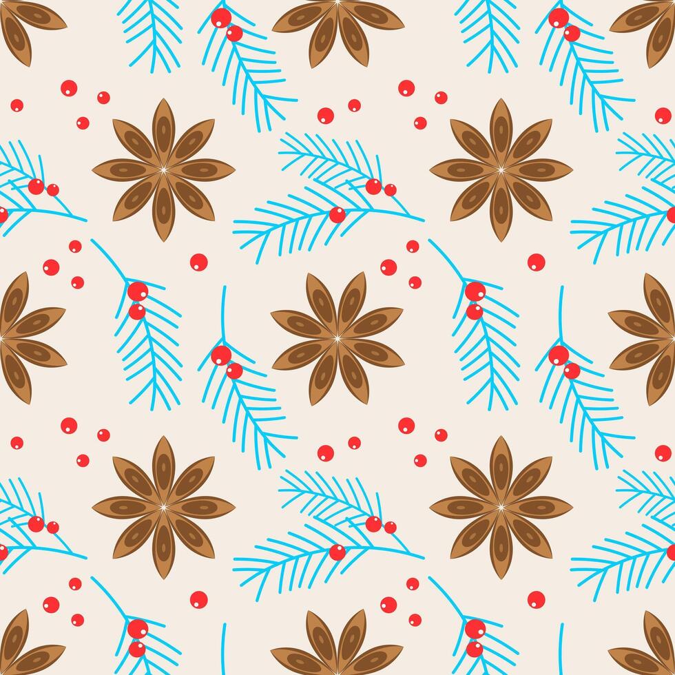 Merry Christmas and Happy New Year. Vibrant winter pattern with juniper branches and star anise for greeting cards and wrapping paper. vector